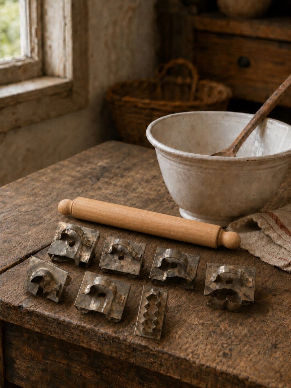 Vintage Metal Cookie Cutters & Wooden Rolling Pin Farmhouse Kitchen Set